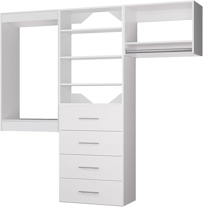 ROOMTEC Modular Closet System, 66" Wall Mounted Closet Organizer with Hanging Rods and Drawers, Modern Wooden Tower for Walk-In Closets, Wardrobe Storage Kit, White