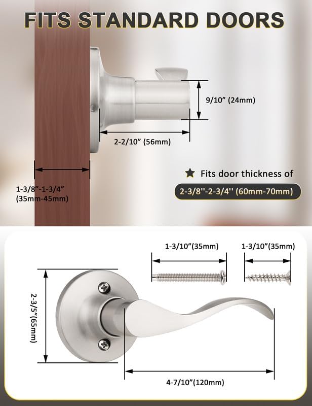 Mengico 4 Pack Satin Nickel Dummy Door Lever, Single Right Side Door Handle for Closets, Non-Turning Pull Only Lever Set, Wave Style Interior Door Knob