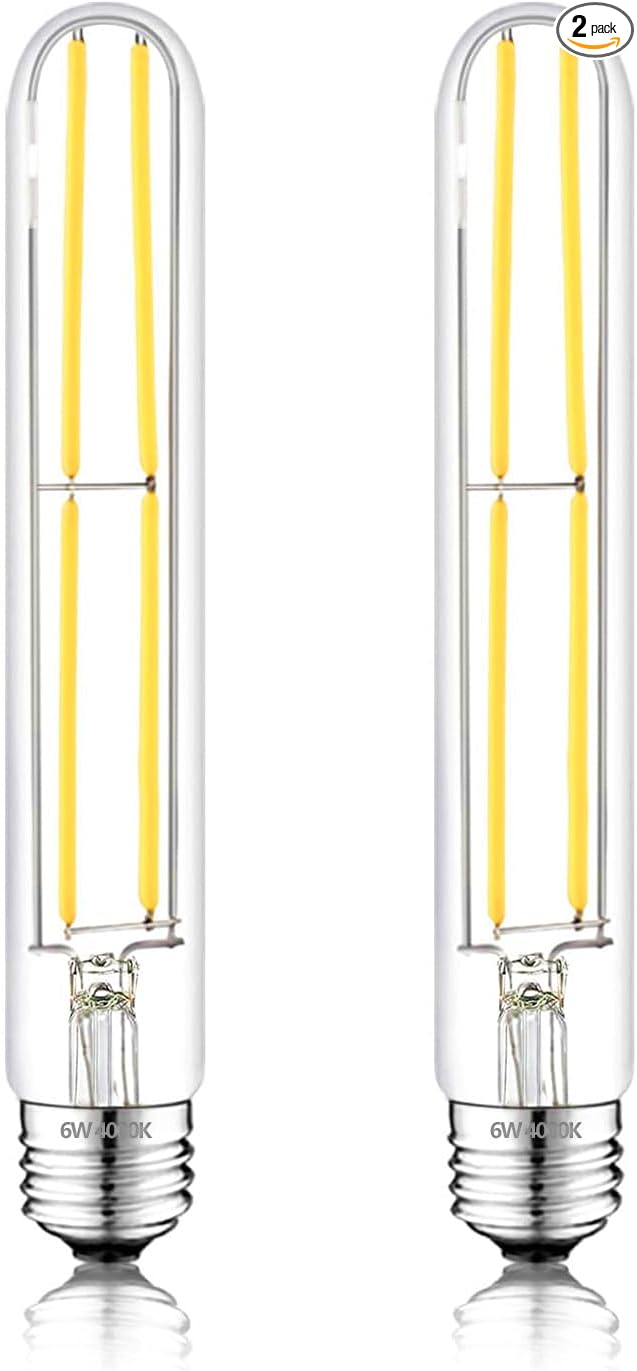 7.3 Inch E26 Led Bulb 6W Dimmable, 4000K Neutral White Edison Bulbs, Equal 80 Watt T10 T9 Long Tubular Clear Glass Light Bulb 800LM for Vanity Pendant Pipe Wall Sconces - UL Cert 2Pack