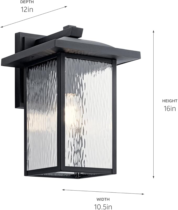 Kichler Capanna 16" Outdoor Wall Light in Black, 1-Light Exterior Wall Sconce Porch Light with Clear Water Glass, (16" H x 10.5"), 49926BKT
