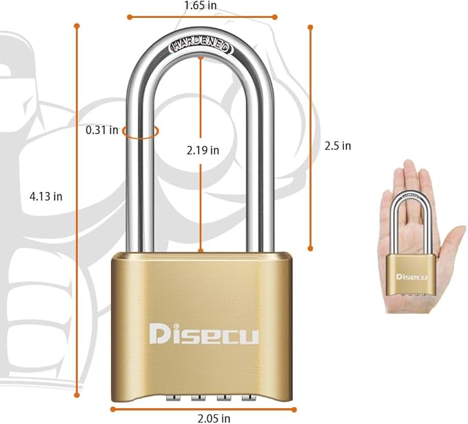 1 Pack disecu Heavy Duty 4 Digit Combination Lock, 2.5 Inch Long Shackle Outdoor Waterproof Padlock for School Gym Locker, Storage Unit, Fence, Gate, Toolbox (Brass)