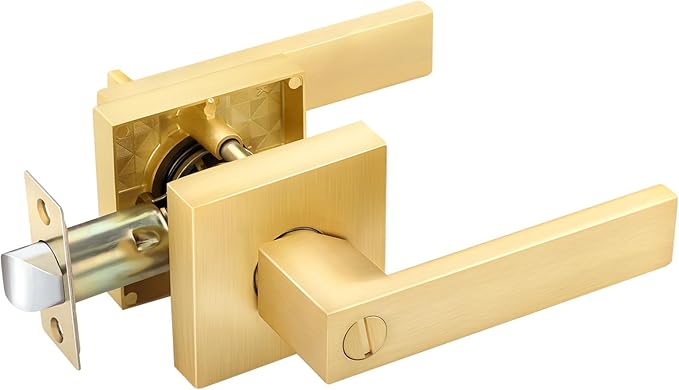 EHOMEWARE 1 Pack Door Levers Door Knobs Interior in Satin Brass Finish, Bedroom Bathroom Privacy Door Handles Interior Gold Locksets Keyless, Heavy Duty
