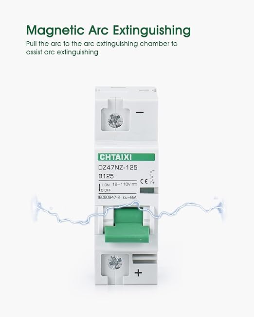 12V-110V DC Miniature Circuit Breaker, 125 Amp 1 Pole Battery Breaker Protector for Solar PV System and RV, Thermal Magnetic Trip, DIN Rail Mount, High Current DC Disconnect Switch MCB 1P B125