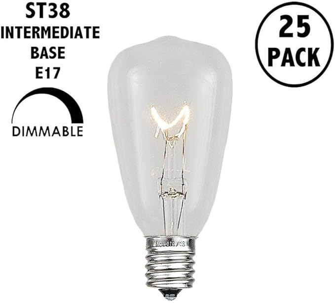 Novelty Lights Incandescent ST38 Edison Replacement Bulbs - Outdoor Individual Bulbs for Events, Holiday Parties, Patios, and More - E17/C9 Intermediate Base, 7 Watt Lights (Clear, 25 Pack)