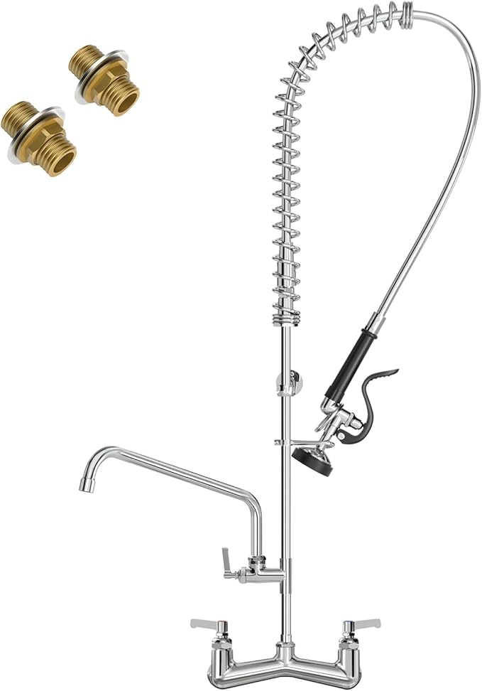 Commercial Kitchen Faucet 42" Height Wall Mount with Pull Down Sprayer 8" Center Wall Mount Kitchen Sink Faucet with 14" Add-on Swing Spout Pre Rinse Faucet for Commercial Kitchen Sink