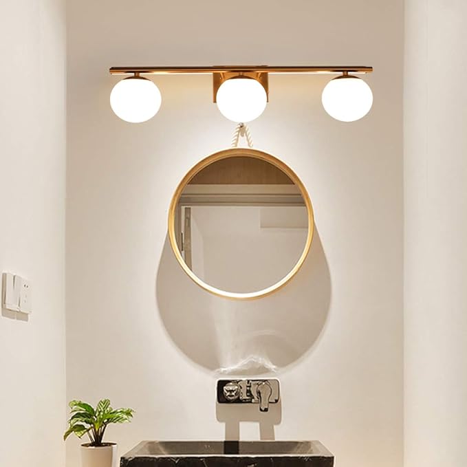 New Bathroom Vanity Light 3 Lights Fixtures Brushed Brass Milk White Globe Glass Shade Modern Wall Bar Sconce Over Mirror (Exclude G9 Bulb)