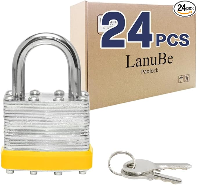 LanuBe Lock Laminated keyed Padlock (1-9/16", 40mm), keyed Alike Locks, Normal Shackle,Marked Yellow Plastic Hoop, Pack of 24