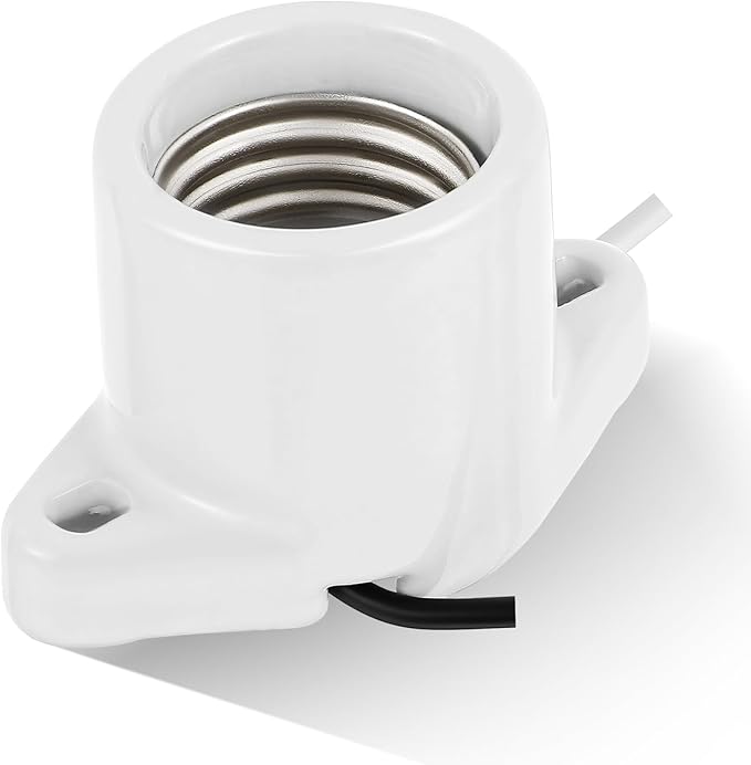 1 Pcs E26 Light Socket Porcelain Lamp Holder Socket Medium Keyless Threaded Base with Two Hole Flange Mounting and 6" Wire Indoor Garage Closet Lighting