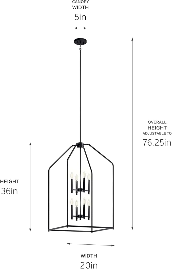 Kichler Madden 36" 8 Light Foyer Pendant in Black, Soft Modern Fixture, for Small Kitchen, Coffee Table, Office, Bedroom, Foyer, (36" x 20"), 52723BK
