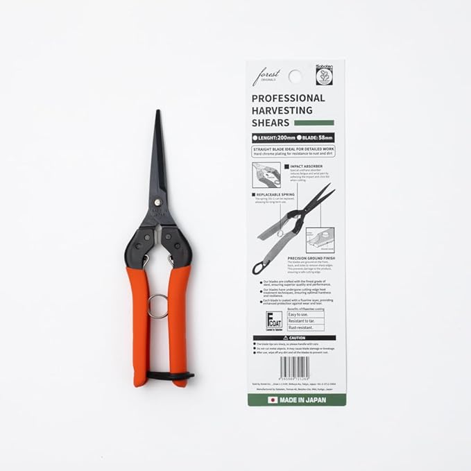 Saboten 7.9" Professional Japanese Harvesting Shears – Straight Blade, Stainless Steel with Fluorine Coating, Spring-Loaded, Ergonomic Grip – forest Originals, Made in Japan