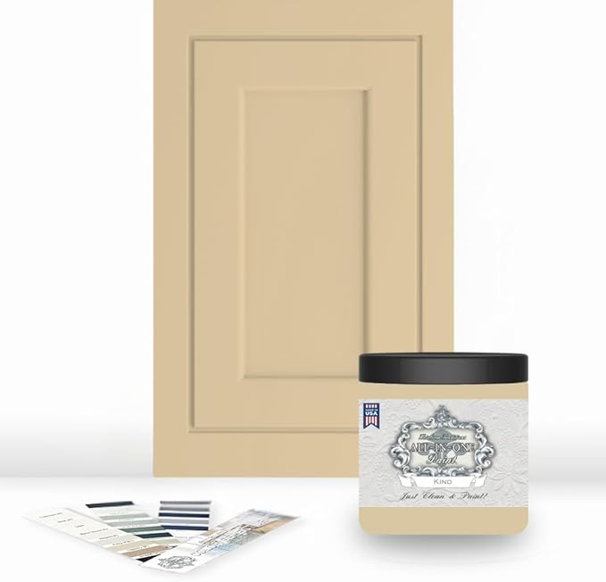 ALL-IN-ONE Paint, Durable cabinet and furniture paint. Built in primer and top coat, no sanding needed. Includes our 30 featured color card - Kind (buttery yellow), 8oz Sample