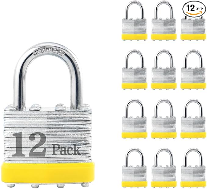 ZonRo Locks Laminated Steel Keyed Padlocks,Keyed Alike Locks, 1-9/16 inch Wide,Normal Shackle Padlocks, Pack of 12，Yellow Hoop, for Hasp Latch, Sheds, Fences, Storage Locker, School, Gym