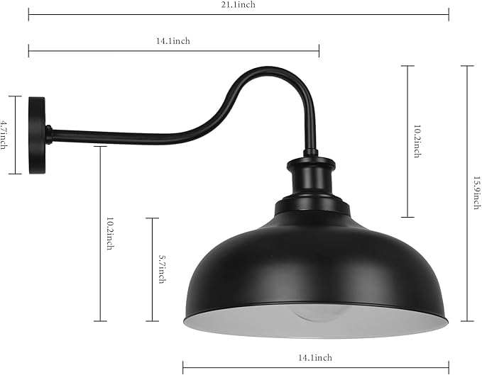 Outdoor Gooseneck Barn Lights,14 Inch Dome Outdoor Wall Sconce Farmhouse Exterior Wall Mount Light Vintage Wall Lighting Fixture Industrial Black Wall Lantern for Porch, Entryway, Garage, 2 Pack