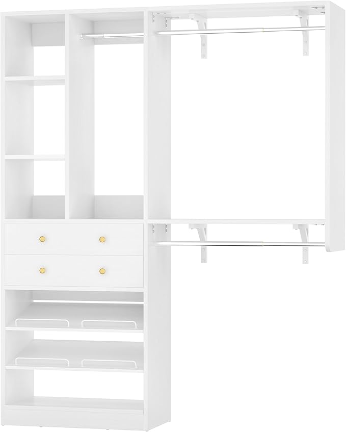 5FT Small Closet System with Drawers, 60" Closet Organizer System with Reversible Hanging Shelving, Closet Systems for Small/Walk-in Closets, White