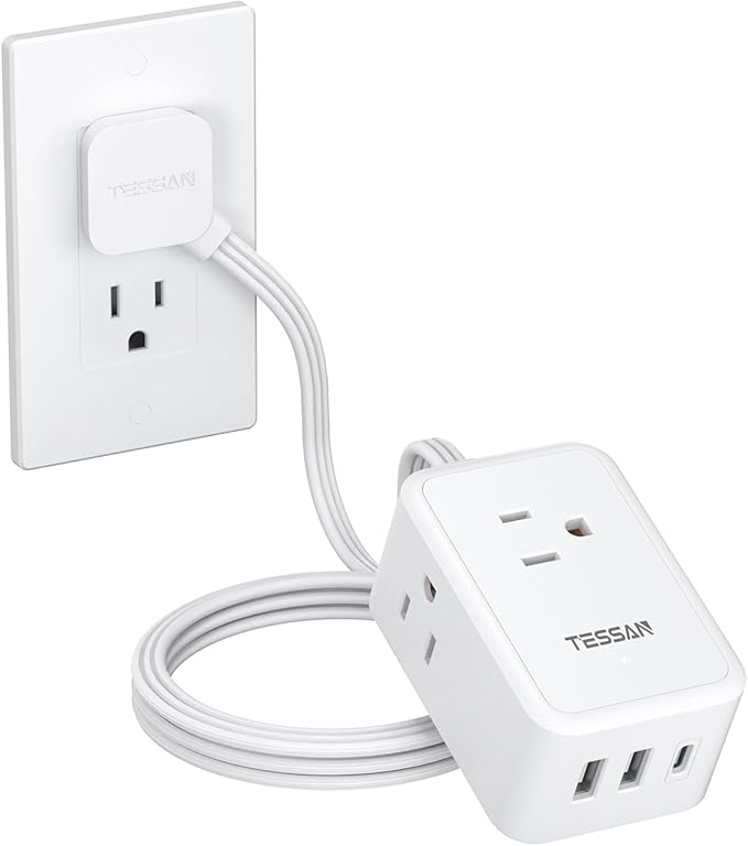 TESSAN Cruise Essentials, Flat Plug Power Strip, 5 Ft Extension Cord with 3 USB (1 USB C), 3 Outlets Small Charging Station, Non Surge Protector for Cruise Ship Travel, Dorm, Home Office, White