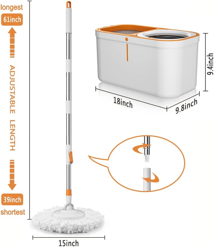 Spin Mop Bucket with Wringer System Extended Mop Handle 61＂Mop and Bucket for Floors Cleaning with 5 Replacement Head Refill 1 Cleaning Brush Head