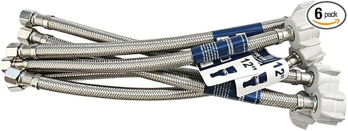(6pcs 12 inch) PLUMBINGMASTER Toilet Water Supply Line,3/8" Comp x 7/8" BC Braided Stainless Steel Toilet Supply Line,Toilet Connector Hose with Anti-Leaking Brass Nut