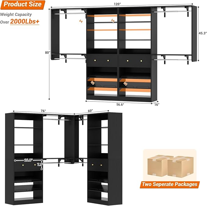 [10 FT Closet System] Reversible Set of 2 Wood Closet Organizer System with 2 Drawers, 4 Hanging Rods Adjustable Shelf, Walk In Closet Organizers with Shoe Rack, Garment Rack Clothes Rack, Black