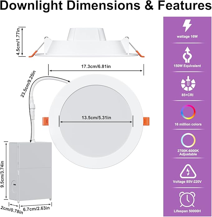 Smart Recessed Lighting 6 Inch RGBCW Color Changing 16W LED Recessed Ceiling Light with Junction Box,1350LM Canless LED Downlight Compatible with Alexa,Dimmable by Bluetooth Control -6 Pack
