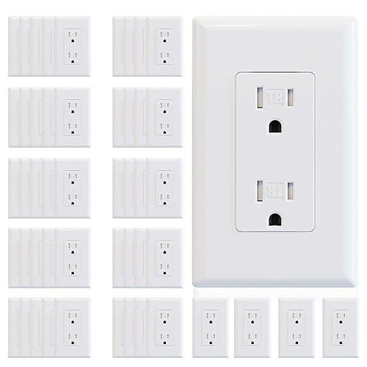ELEGRP Decorator Wall Receptacle Outlet, Tamper Resistant 15A 125V Standard Electrical Wall Outlet, Residential Grade, Self-grounding, with Screwless Wall Plate, UL (50 Pack, Glossy White)
