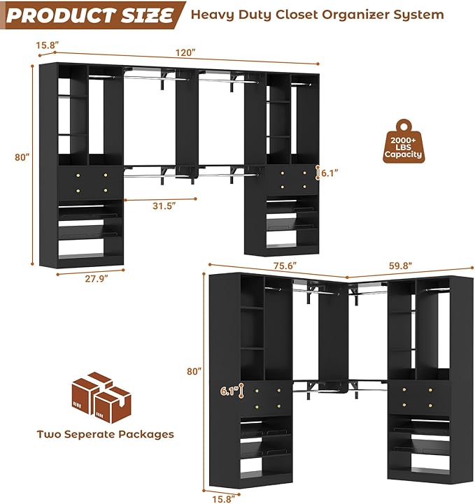 10FT Closet System with 4 Drawers, 120" Closet Organizer System with 6 Hanging Robs & Reversible Hanging Shelving, Closet Systems for Walk-in Closets, Load 2000+LBS, Black 2 Pack