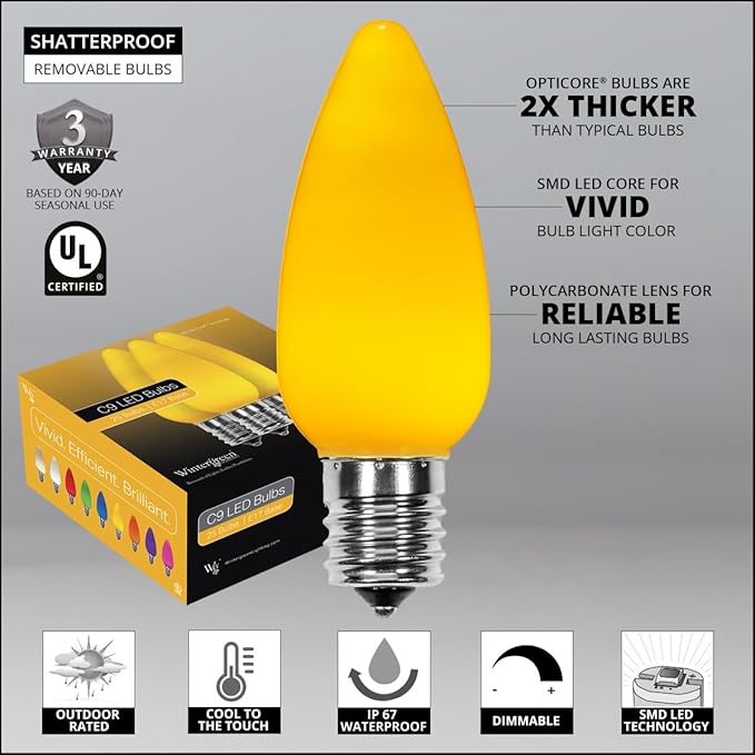 Wintergreen Lighting 25 Pack OptiCore C9 LED Christmas Light Bulbs, Gold Smooth Finish, Heavy Duty E17 Base Premium Outdoor Christmas Light Bulb Replacement