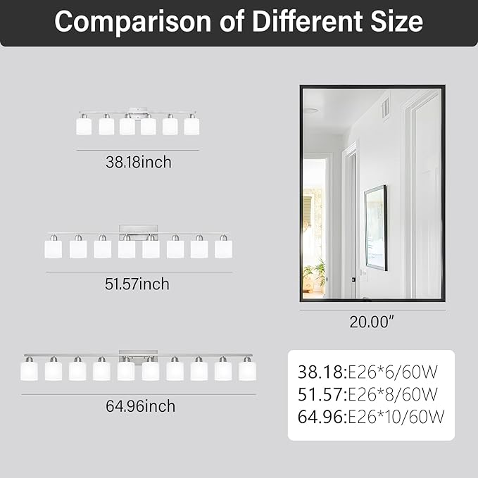 Brushed Nickel Light Fixture Bathroom for Huge Mirror, 8 Light Mirror Lights with Milky White Frosted Glass Shades, 51 inch Bathroom Mirror Lights for Mirrorss, E26 Socket