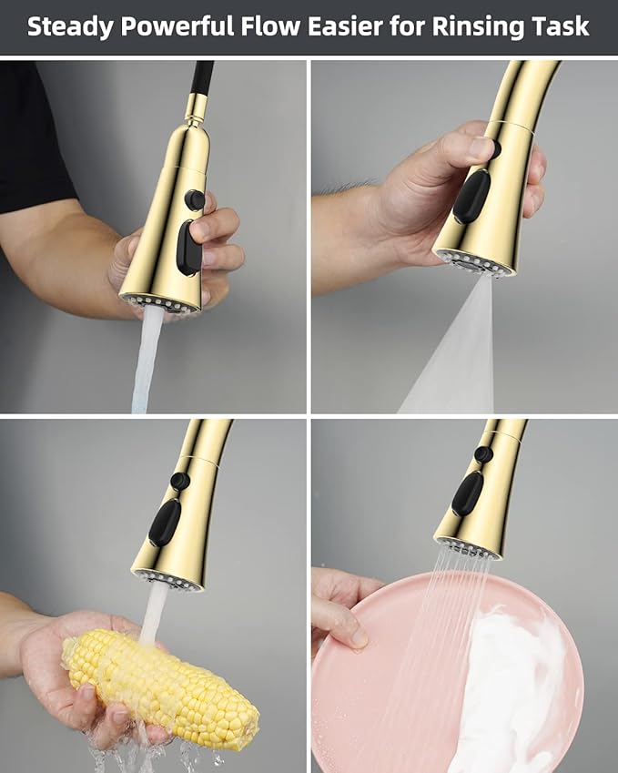 Hibbent 3-Function Pull Down Kitchen Faucet Head Replacement with 12 Adapters, NSF/ANSI/CAN 61 & CUPC Certified Sink Spray Nozzle, Compatible with Moen, Delta, Kohler Faucets, Polished Brass