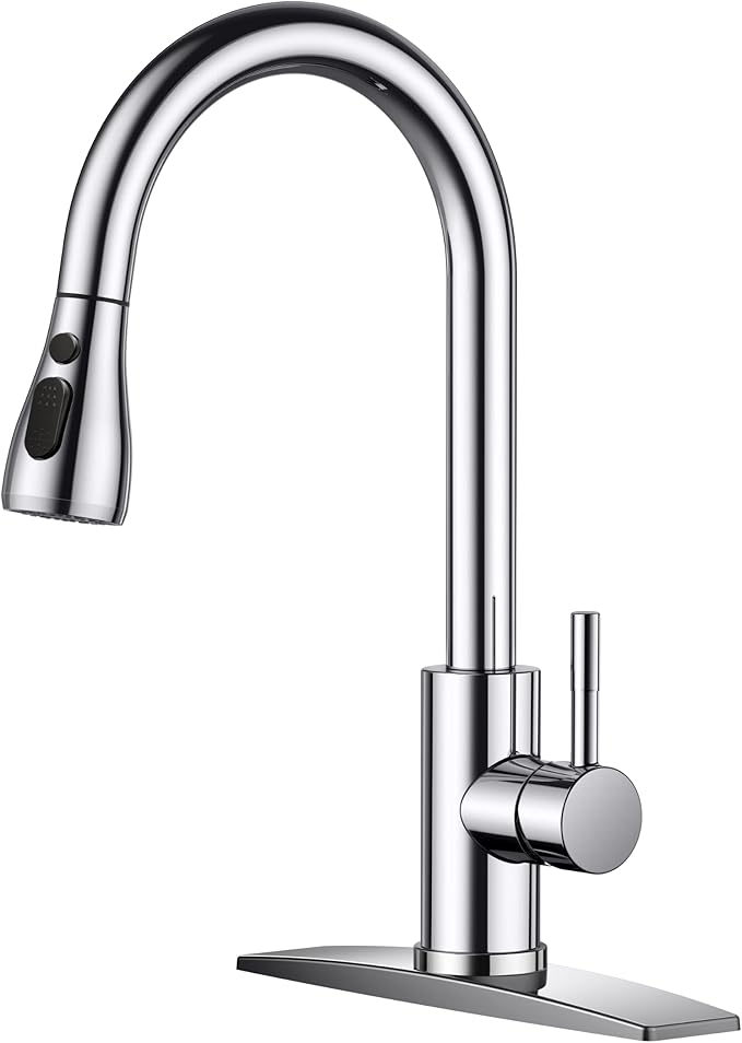 FORIOUS Kitchen Faucets with Pull Down Sprayer, Chrome, High Arc Single Handle Classic Stainless Steel Sink Faucet Pull Out for Farmhouse Camper Laundry Rv Bar
