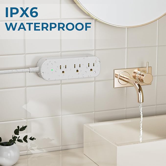 Outdoor Power Strip Weatherproof, IPX6 Waterproof Surge Protector with 3 Wide Outlets, 1625W/13A, 6FT Extension Cord, Wall Mountable for Indoor Outdoor, UL FCC Listed-White