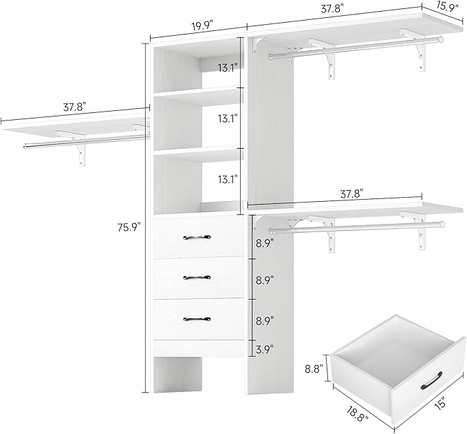 8FT Closet System, 96'' Closet Organizer System with 3 Hanging Rods, Wall Mount Bedroom Wardrobe with 3 Drawers Walk-in Closet, Adjustable Cloth Garment Rack from 5 to 8FT (Cut to Fit), White