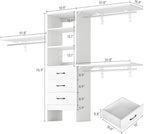 8FT Closet System, 96'' Closet Organizer System with 3 Hanging Rods, Wall Mount Bedroom Wardrobe with 3 Drawers Walk-in Closet, Adjustable Cloth Garment Rack from 5 to 8FT (Cut to Fit), White