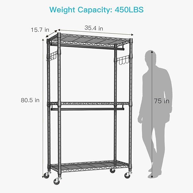 FUTASSI P1 Heavy Duty Garment Rack, 3 Tiers Adjustable Rolling Metal Closet Organizer with Lockable Wheels, FreeStanding Wardrobe with Double Hanger Rods & 1 Pair Hooks, Max Load 450 LBS, Gray