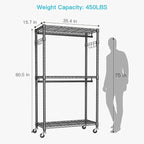 FUTASSI P1 Heavy Duty Garment Rack, 3 Tiers Adjustable Rolling Metal Closet Organizer with Lockable Wheels, FreeStanding Wardrobe with Double Hanger Rods & 1 Pair Hooks, Max Load 450 LBS, Gray