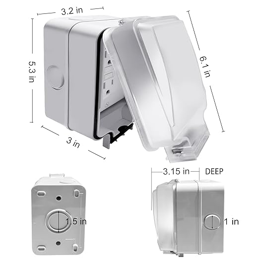 20 Amp GFCI Outdoor Electrical Outlet Box, Nonmetallic Heavy Duty Box IP66 Waterproof and NEMA 5-20 Self Test GFCI Outlet Kit, 3.15 Inch Deep, Lockable, Clear/Gray, UL Listed
