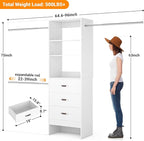Homieasy 96 Inches Closet Organizer System, 8FT Customizable Walk In Closet Organizer with Hanging Rods, 3 Drawers Garment Rack with Leather Handle , 96" L x 16" W x 75" H, Max Load 1000 LBS, White