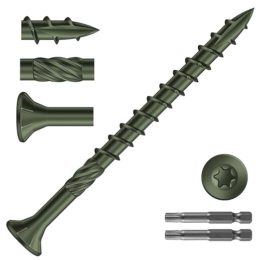 #10 x 2-1/2" Deck Screws (636Pcs) 8lb. Carbon Steel, Green, Flat Head, Rust Resistant epoxy Coated, with T25 Star Bit