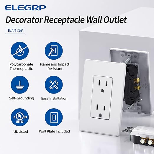 ELEGRP Matte White Standard Decorator Electrical Wall Receptacle Outlet, 15A 125V, 2 Pole 3 Wire, Non-Tamper Resistant, NEMA 5-15R, Self-Grounding, Mid Wall Plate Included, UL Listed (50 Pack)