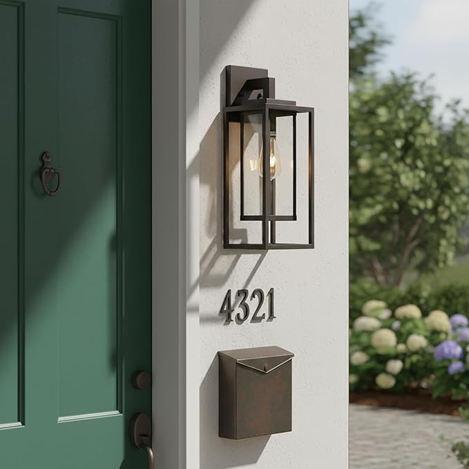 18" Outdoor Wall Light Fixtures Waterproofed Exterior Lantern W/Sturdy Rectangular Double Cage In Old Rust &Clear Tempered Glass,Sconce Mounted For House Patio,Front door,Porch,Garage Lighting 2Pack