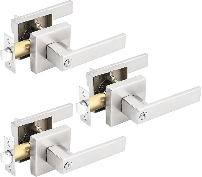 Gobrico Square 3 Pack Satin Nickel Privacy Door Locksets,Square Interior Door Levers for Bed/Bath,Thumb-Turn Button Inside
