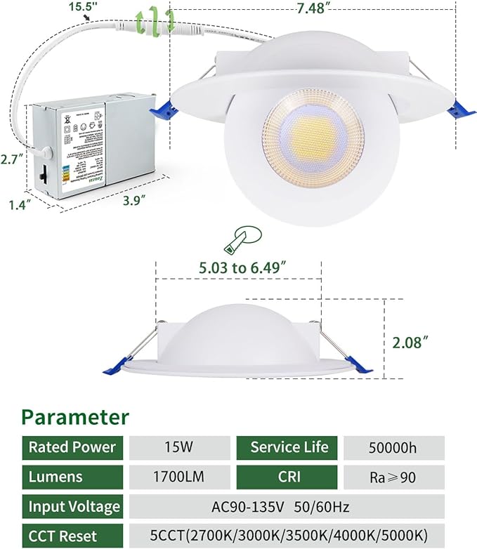 zouzai 6 inch 5CCT Gimbal Led Recessed Lights, 360°+90° Adjustable Directional Recessed Lighting, 2700K/3000K/3500K/4000K/5000K Dimmable Retrofit Eyeball Can Lights with Jbox, ETL(White, 12 Pack)