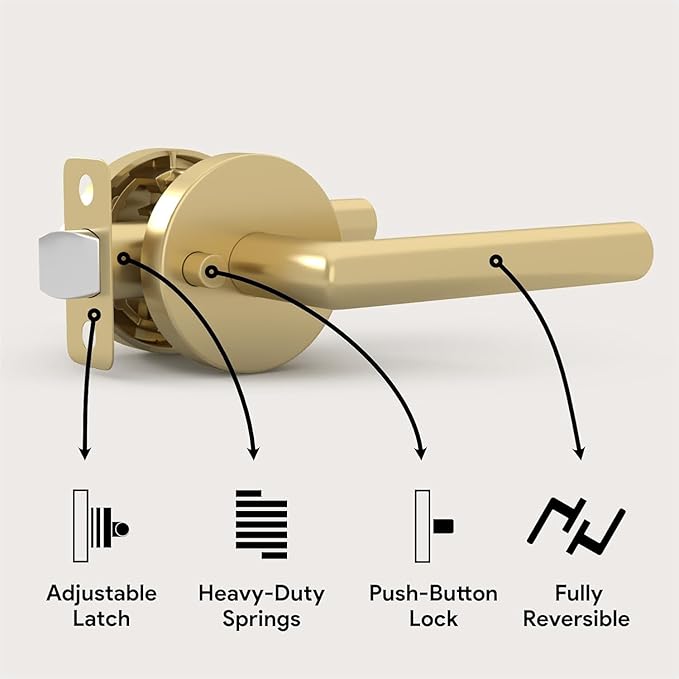 Mega Handles Ronn Privacy Door Handle - 2 Pack Interior Reversible Gold Door Handle, Heavy Duty Bed & Bath Door Handles with Privacy Door Lock, Fits All Standard Doors - Satin Brass