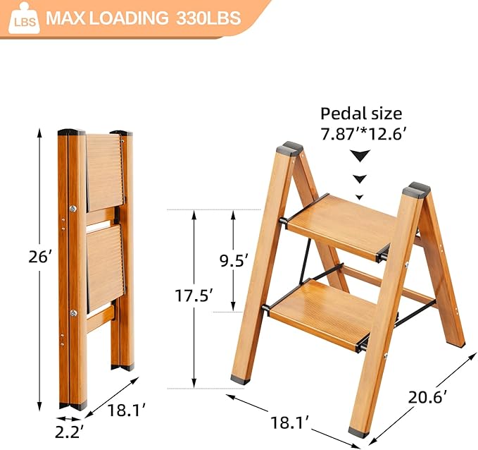 GameGem 2 Step Ladder, Aluminum Folding Step Stool with Anti-Slip Sturdy and Wide Pedal, Lightweight Portable Multi-Use Stepladder for Home and Kitchen Use Space Saving, Woodgrain, 330 lbs