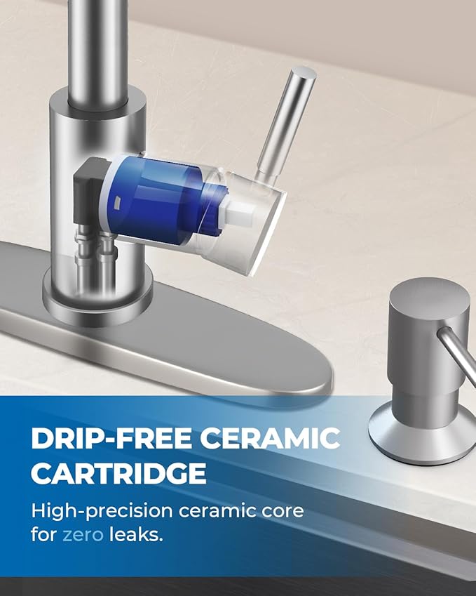 WEWE Kitchen Faucet with Soap Dispenser and Pull Down Sprayer, RV Single Handle Classic 3 Modes Stainless Steel Faucet for Kitchen Sink, RV, Brushed Nickel