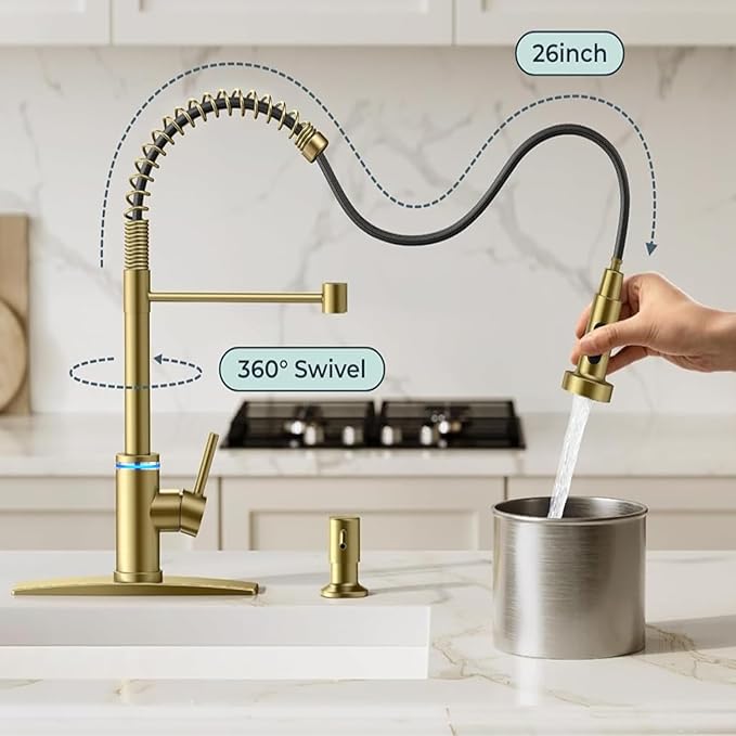 Smart Kitchen Faucet, 3 Modes Pull Down Sprayer, LED Temperature Control, Ceramic Valve, 360-Degree Rotation, 1 or 3 Hole Deck Plate. 10-Year Warranty. (KW-56J, Gold)