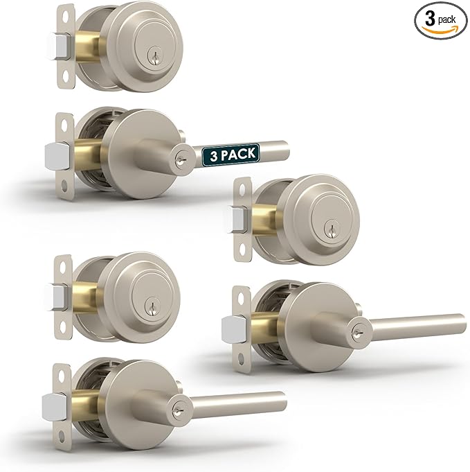 Mega Handles Ronn Entry Door Handle & Deadbolt Lock - 3 Pack Reversible Heavy Duty Brushed Nickel Door Handles & Deadbolt for Interior/Exterior Doors, Fits All Standard Doors - Satin Nickel