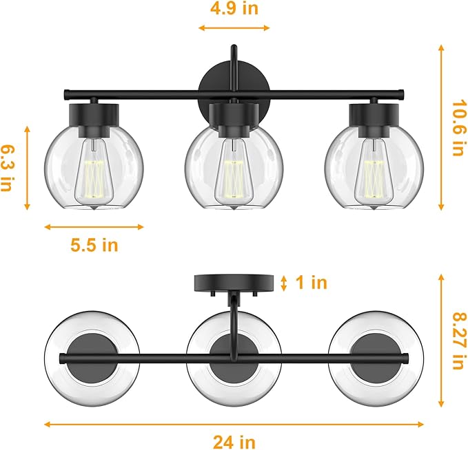 EAPUDUN 3 Lights Vanity Light Fixtures Over Mirror, Matte Black Farmhouse Bathroom Light Fixtures with Clear Glass Shades,Industrial Wall Light Fixture for Bathroom Over Mirror WLA1435-MBK
