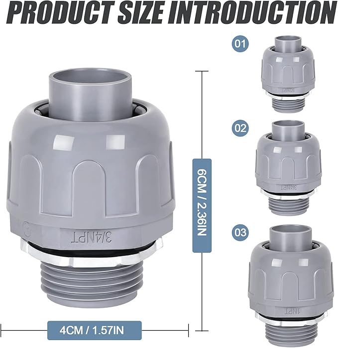 Liquid Tight Connector 3/4 in - Non-Metallic Electrical Conduit Fittings, UL Listed PVC Conduit Fitting (Straight, 10 Pack), Gray