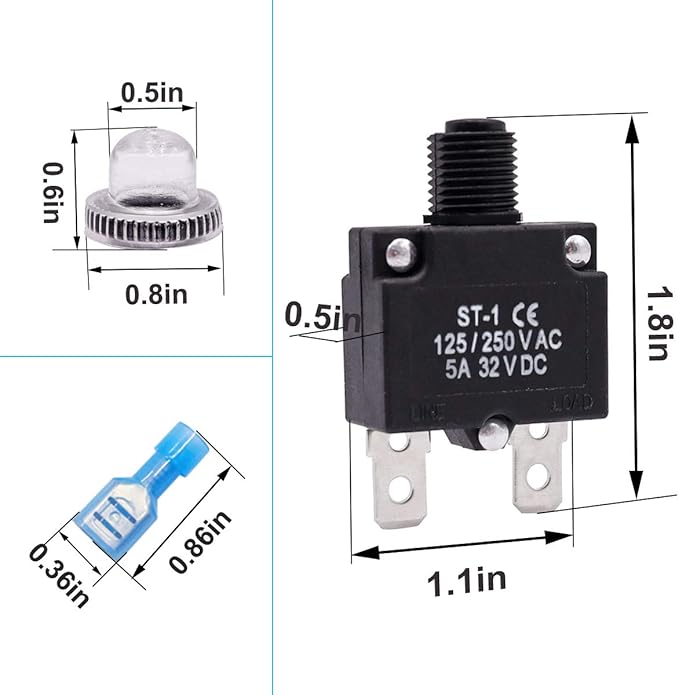 mxuteuk 5Pcs 5Amp Circuit Breakers Push Button Manual Reset 125/250V AC 32V DC,Overload Protector Switch Thermal Circuit Breakers with Quick Connect Terminals and Waterproof Button Caps ST1-5-5A