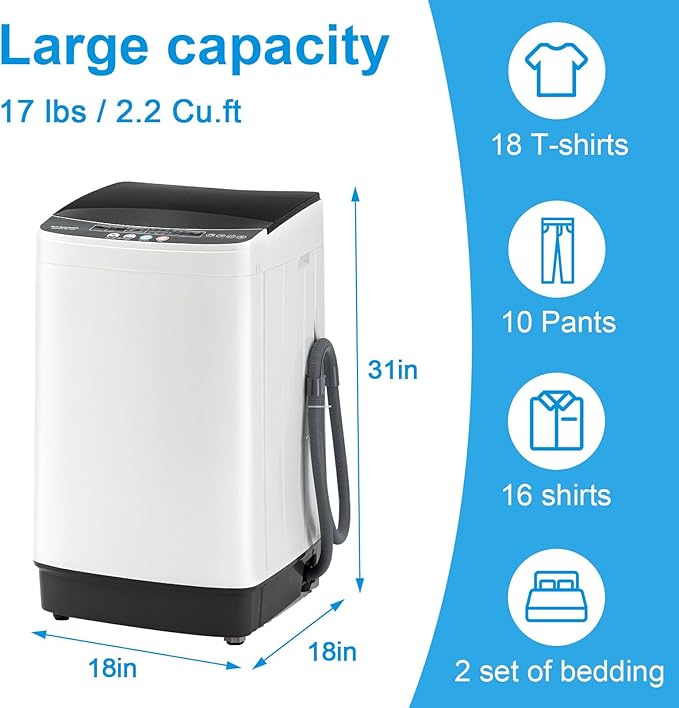 17Lbs Portable Washing Machine with10 Washing Programs, 2.2 Cu. Ft. Full Automatic Washer and Spinner Combo, Compact Laundry Washer Spinner for Apartment RV Dorm (2.2Cu. Ft)